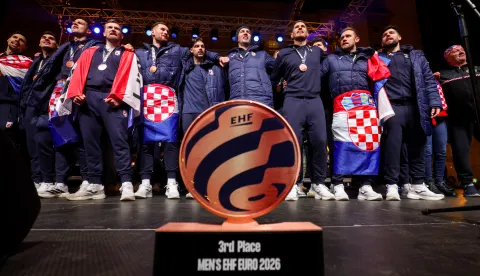 02.02.2026., Zagreb - Svecani docek hrvatske rukometne reprezentacije u na Trgu bana Josipa Jelacica nakon osvojene broncane medalje na Europskom rukometnom prvenstvu. Photo: Igor Kralj/PIXSELL
