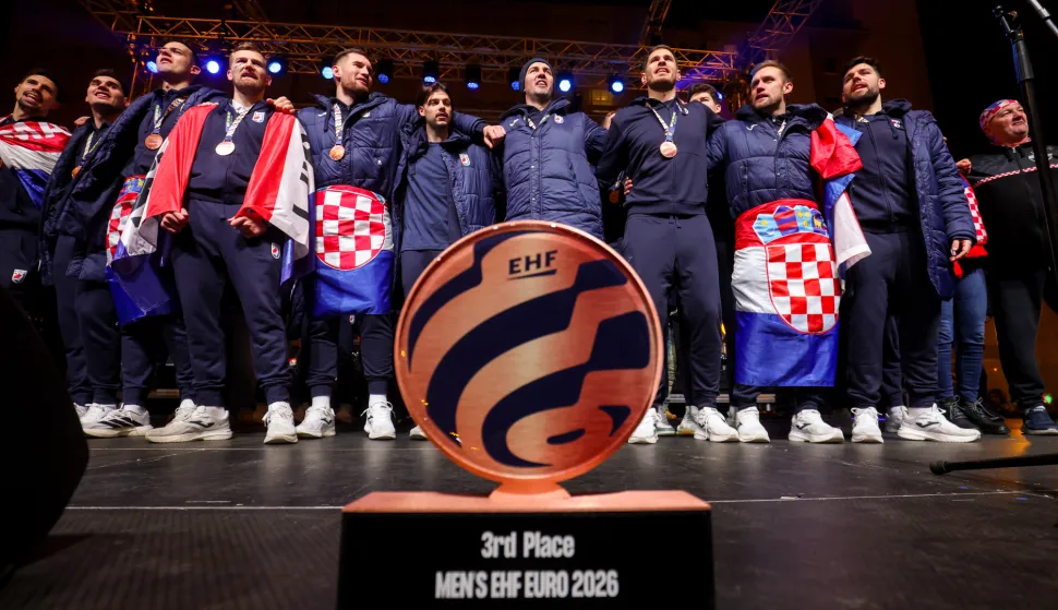 02.02.2026., Zagreb - Svecani docek hrvatske rukometne reprezentacije u na Trgu bana Josipa Jelacica nakon osvojene broncane medalje na Europskom rukometnom prvenstvu. Photo: Igor Kralj/PIXSELL