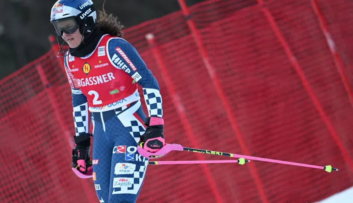 Croatia's Zrinka Ljutic reacts as she competes in the first run of the Women's Slalom, as part of the FIS Alpine Ski World Cup 2025-2026, in Kranjska Gora, Slovenia, on January 4, 2026. (Photo by Jure Makovec/AFP)