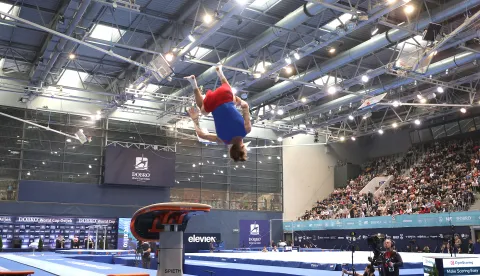 Osijek, 13. 04. 2025., Dvorana Gradski vrt, DOBRO World Cup, DOBRO World Cup 2025, finale, finale nedjelja, preskok, Aurel Benović SNIMIO BRUNO JOBST