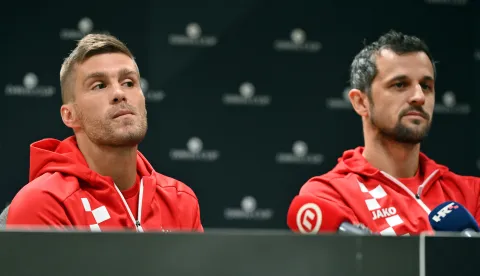 03.02.2026., VaraždinKonferencija za medije uoci dvoboja Davis cup reprezentacija Hrvatske i DanskeNa fotografiji Nikola Mektić i Mate PavićPhoto: Marko Jurinec /HINA