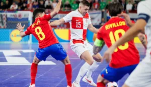 Ljubljana, 4.2.2026.- Futsalska reprezentacija Hrvatske pora?ena je u polufinalu Europskog prvenstva u Ljubljani u Areni Sto?ice pred 6.456 gledatelja od ?panjolske sa 1-2 (0-2). foto HINA/ STA/ Neboj?a Teji?/ ua