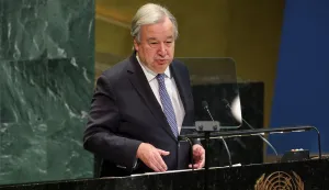 United Nations Secretary-General Antonio Guterres speaks on 2026 priorities to the UN General Assembly at UN Headquarters in New York City on January 15, 2026. (Photo by ANGELA WEISS/AFP)