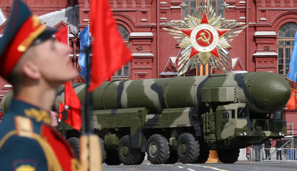 (FILES) A Russian Topol-M ICBM drives across Red Square in a Victory Day Parade in Moscow on May 9, 2008. Russia vowed on February 4, 2026, to act "responsibly" should its last nuclear treaty with the United States expire on February 5, amid mounting fears the agreement's collapse could spur a new arms race between the top nuclear powers. The New START agreement, signed in 2010, limits the number of nuclear warheads each side can deploy. (Photo by Yuri KADOBNOV/AFP)