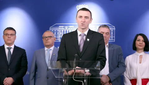 06.02.2026., Zagreb - Na konferenciji za medije odrzanoj u Saboru o uklanjanju mauzoleja cetnickog vojvode Soskocanina govorili su Ivan Penava, Stipo Mlinaric, Tomislav Josic i Ivica Kukavica. Photo: Patrik Macek/PIXSELL