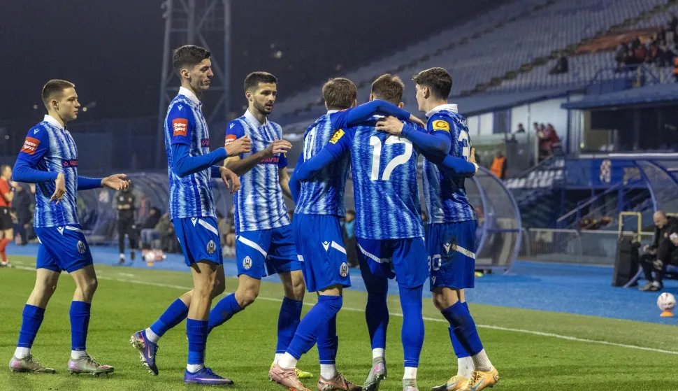 Zagreb, 6.2.2026 - Utakmica 21. kola HNL-a Lokomotiva - Gorica. Na slici igrači Lokomotive slave pogodak.Foto Hina/ Dario GRZELJ/ dag