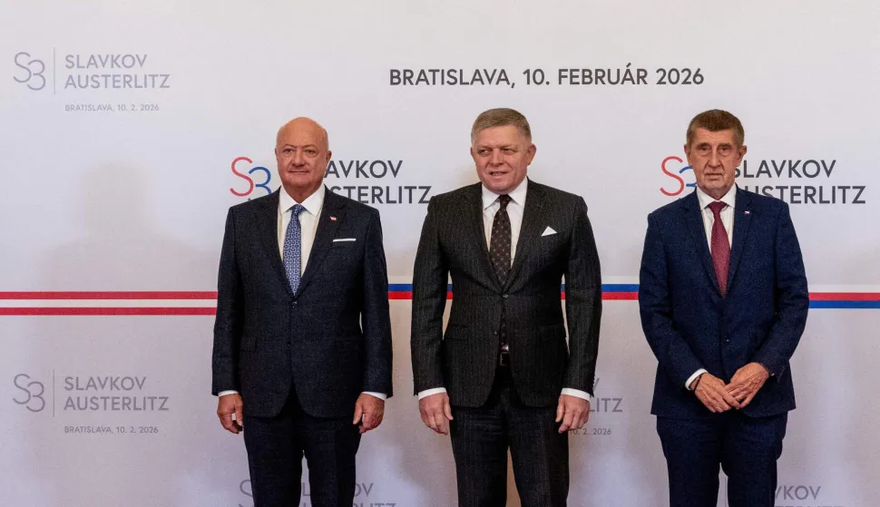 (From L) Austria's Chancellor Christian Stocker, Slovakia's Prime Minister Robert Fico and Czech's Prime Minister Andrej Babis pose prior to the so-called S3 (Slavkov format) meeting in Bratislava, Slovakia, on February 10, 2026. (Photo by Joe Klamar/AFP)