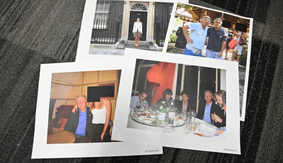 This photo illustration taken in Washington, DC, on December 19, 2025 shows photographs, including of former US president Bill Clinton, Rolling Stones singer Mick Jagger, Virgin Group chairman Richard Branson and Ghislaine Maxwell, after the US Justice Department began releasing the long-awaited records from the investigation into the politically explosive case of convicted sex offender Jeffrey Epstein. (Photo by Mandel NGAN/AFP)