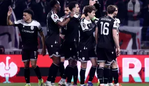 PAOK players celebrate after scoring a goal during the UEFA Europa League - League phase, Matchday 8 - football match between Olympique Lyonnais (OL) and PAOK FC at the Groupama Stadium in Lyon, central-eastern France, on January 29, 2026. (Photo by Alex MARTIN/AFP)