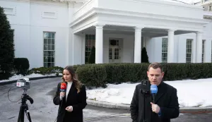 Israeli reporters file reports outside of the West Wing of the White House in Washington, DC, February 11, 2026, ahead of a visit by Israeli Prime Minister Benjamin Netanyahu. Netanyahu said February 10 the top priority in his talks with Trump would be the ongoing negotiations with Iran, as he presses for a tougher US approach to Tehran's ballistic missile programme. (Photo by SAUL LOEB/AFP)