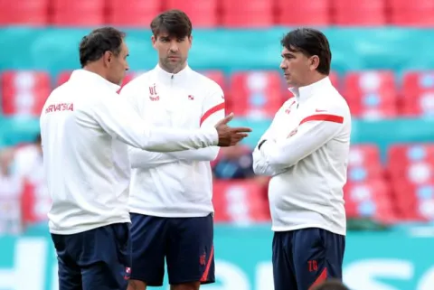 12.06.2021. Stadion Wembley, London, Engleska - UEFA Europsko prvenstvo 2020, trening Hrvatske nogometne reprezentacije dan uoci utakmice 1. kola, skupine D protiv Engleske. Drazen Ladic, Vedran Corluka, Zlatko Dalic Photo: Goran Stanzl/PIXSELL