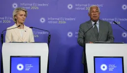 European Commission President Ursula von der Leyen (L) and European Council President Antonio Costa (R) speaks during a press conference at the end of the Informal EU Leaders' Retreat at the Alden Biesen Castle, in Rijkhoven on February 12, 2026. (Photo by Ludovic MARIN/AFP)