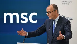 German Chancellor Friedrich Merz gives a speech to open the 62nd Munich Security Conference (MSC) on February 13, 2026 in Munich, southern Germany. Heads of state and government as well as foreign and defence ministers from all over the world are expected to attend the security policy talks from February 13 to 15, 2026. (Photo by THOMAS KIENZLE/AFP)