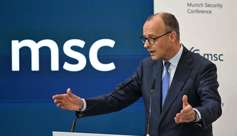 German Chancellor Friedrich Merz gives a speech to open the 62nd Munich Security Conference (MSC) on February 13, 2026 in Munich, southern Germany. Heads of state and government as well as foreign and defence ministers from all over the world are expected to attend the security policy talks from February 13 to 15, 2026. (Photo by THOMAS KIENZLE/AFP)