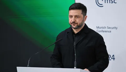 Ukrainian President Volodymyr Zelensky speaks during the 62nd Munich Security Conference (MSC) on February 14, 2026 in Munich, southern Germany. Heads of state and government as well as foreign and defence ministers from all over the world are expected to attend the security policy talks from February 13 to 15, 2026. (Photo by Alexandra BEIER/AFP)