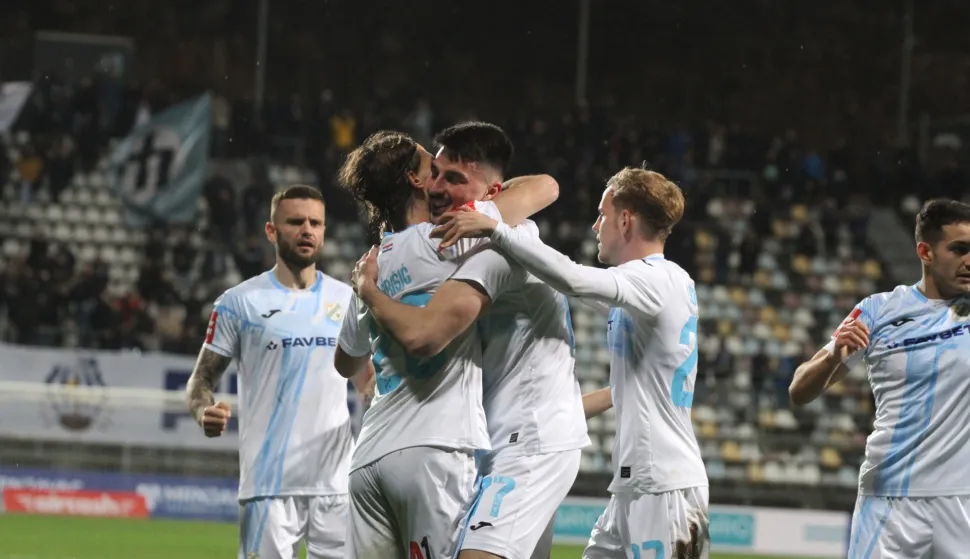 14.02.2026., Rijeka - SuperSport HNL, 22. kolo, HNK Rijeka - NK Varaždin. Ante Majstorovic, Ante Matej Juric, Justas Lasickas, Ante Orec Photo: Goran Kovacic/PIXSELL