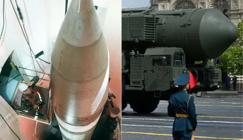 (COMBO) This combination of pictures created on February 05, 2026 shows (L-R)(FILES) This US Air Force handout file image shows an Air Force technician inspecting an LGM-30G Minuteman III missile inside a silo about 60 miles from Grand Forks Air Force Base, in North Dakota. (FILES) A RS-24 Yars intercontinental ballistic missile system drives across Red Square during the Victory Day military parade in central Moscow on May 9, 2025.. The last nuclear treaty between Russia and the United States expired on February 5, 2026, abruptly ending decades of restrictions on how many warheads the two top powers can deploy and triggering fears of a global arms race. (Photo by Kirill KUDRYAVTSEV and Handout/various sources/AFP)
