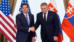 US Secretary of State Marco Rubio (L) shakes hands with Slovakia's Prime Minister Robert Fico as they meet in Bratislava, Slovakia, on February 15, 2026. (Photo by Alex Brandon/POOL/AFP)