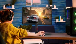 Professional pro gamer playing space shooter video game new graphics on powerful computer from home. Virtual shooter game in cyberspace, esports player performing on pc gaming tournament