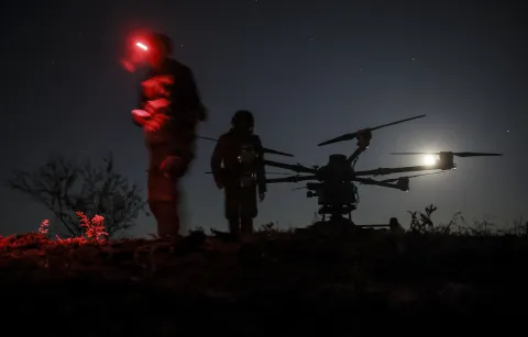 epa12104847 A handout photo made available by the press service of the 24th Mechanized Brigade of the Ukrainian Armed Forces on 16 May 2025 shows servicemen of the 24th Mechanized Brigade named after King Danylo operating a 'Kazhan' (Bat) unmanned aerial vehicle (UAV) for supply delivery and bomb carrying at an undisclosed location near the frontline city of Chasiv Yar, Donetsk region, eastern Ukraine, 15 May 2025, amid the Russian invasion. EPA/24TH MECHANIZED BRIGADE PRESS SERVICE HANDOUT HANDOUT EDITORIAL USE ONLY/NO SALES