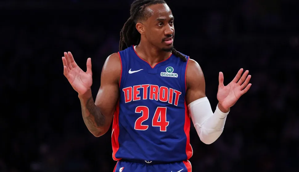 NEW YORK, NEW YORK - FEBRUARY 19: Daniss Jenkins #24 of the Detroit Pistons reacts to a foul during the first quarter against the New York Knicks at Madison Square Garden on February 19, 2026 in New York City. NOTE TO USER: User expressly acknowledges and agrees that, by downloading and or using this photograph, user is consenting to the terms and conditions of the Getty Images License Agreement. Ishika Samant/Getty Images/AFP (Photo by Ishika Samant/GETTY IMAGES NORTH AMERICA/Getty Images via AFP)
