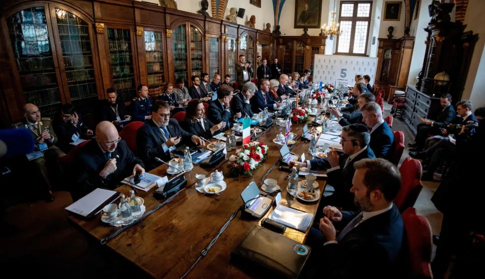 Genaral view as delegates and ministers take part in the European Group of Five (GoF) defence ministers meeting in The Collegium Maius - the Jagiellonian University's oldest building in Krakow, Poland, on February 20, 2026. (Photo by Wojtek RADWANSKI/AFP)