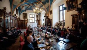 Genaral view as delegates and ministers take part in the European Group of Five (GoF) defence ministers meeting in The Collegium Maius - the Jagiellonian University's oldest building in Krakow, Poland, on February 20, 2026. (Photo by Wojtek RADWANSKI/AFP)