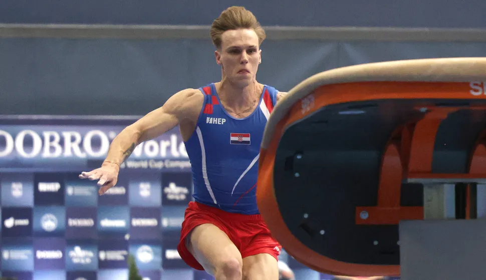 Osijek, 13. 04. 2025., Dvorana Gradski vrt, DOBRO World Cup, DOBRO World Cup 2025, finale, finale nedjelja, preskok, Aurel BenovićSNIMIO BRUNO JOBST