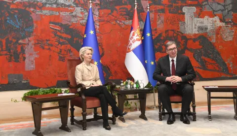 15, October, 2025, Belgrade - The President of the Republic of Serbia Aleksandar Vucic hosted the President of the European Commission Ursula von der Leyen, who is on an official visit to Serbia. Photo: L.L./ATAImages 15, oktobar 2025, Beograd - Predsednik Republike Srbije Aleksandar Vucic ugosto je predsednicu Evropske komisije Ursulu fon der Lajen, koja boravi u zvanicnoj poseti Srbiji. Photo: L.L./ATAImages Photo: ATAImages/PIXSELL