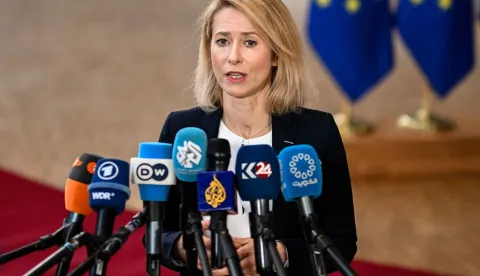 EU High Representative and Vice-President for Foreign Affairs and Security Policy Kaja Kallas speaks to the press as she arrives for the EU Foreign Affairs Council in Brussels on February 23, 2026. (Photo by JOHN THYS/AFP)
