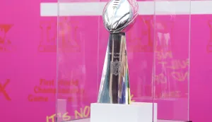 SANTA CLARA, CALIFORNIA - FEBRUARY 08: The Vince Lombardi Trophy is seen before Super Bowl LX at Levi's Stadium on February 08, 2026 in Santa Clara, California. Ishika Samant/Getty Images/AFP (Photo by Ishika Samant/GETTY IMAGES NORTH AMERICA/Getty Images via AFP)