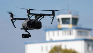 24 September 2020, Saxony, Kamenz: The DJI Inspire 2 drone flies on the fringes of a press conference on the foundation of a competence centre for autonomous and electric flying on the Kamenz commercial airfield in front of the tower. Among other things, the competence center will test technologies such as autonomous navigation using artificial intelligence and swarm applications. Photo: Sebastian Kahnert/dpa-Zentralbild/ZB /DPA/PIXSELL