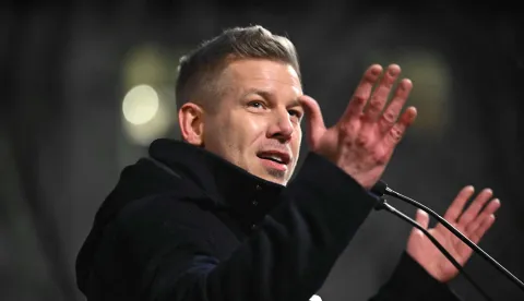 Hungarian opposition leader, head of the TISZA party and candidate for Hungarian Prime Minister Peter Magyar adresses supporters on February 16, 20226 at a campaign rally in Mezokovesd, the first stop on his resumed nationwide tour ahead of the April 12 election. Two months ahead of the general election, where polls show the opposition has a chance to put an end to Prime Minister Viktor Orban's 16-year-rule. (Photo by Attila KISBENEDEK/AFP)