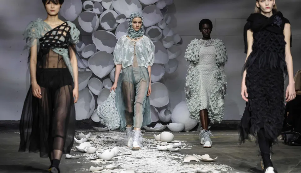 Models present creations from the Autumn-Winter 2026-2027 collection from French designer Pauline Dujancourt at London Fashion Week in London on February 22, 2026. (Photo by Toby Shepheard/AFP)