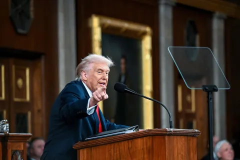 US President Donald Trump delivers the first State of the Union address of his second term to a joint session of Congress in the House Chamber of the United States Capitol in Washington, DC, on February 24, 2026. (Photo by Kenny HOLSTON/POOL/AFP)