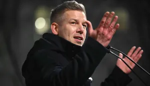 Hungarian opposition leader, head of the TISZA party and candidate for Hungarian Prime Minister Peter Magyar adresses supporters on February 16, 20226 at a campaign rally in Mezokovesd, the first stop on his resumed nationwide tour ahead of the April 12 election. Two months ahead of the general election, where polls show the opposition has a chance to put an end to Prime Minister Viktor Orban's 16-year-rule. (Photo by Attila KISBENEDEK/AFP)