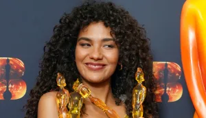 Olivia Dean with her four Brit Awards during the Brit Awards 2026 at Co-op Live, Manchester. Picture date: Saturday February 28, 2026. Photo: Ian West/PRESS ASSOCIATION