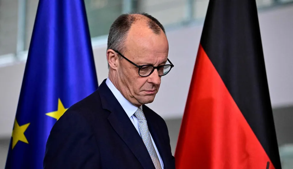 German Chancellor Friedrich Merz arrives for a press conference on the situation in the Middle East at the Chancellery in Berlin on March 1, 2026. (Photo by Tobias SCHWARZ/AFP)