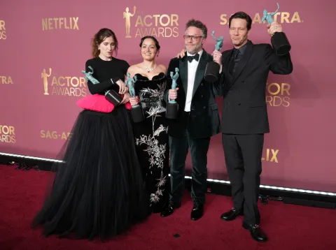 (L-R) Kathryn Hahn, Seth Rogen, Ike Barinholtz and Chase Sui Wonders, winners of the Outstanding Performance by an Ensemble in a Comedy Series award for "The Studio," pose in the press room at the 32nd Annual Actor Awards held at The Shrine Auditorium and Expo Hall in Los Angeles, CA on Sunday, March 1, 2026. (Photo By Sthanlee B. Mirador/Sipa USA) Photo: Sipa USA/SIPA USA