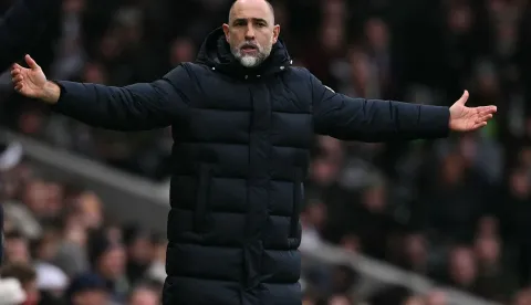 Tottenham Hotspur's Croatian head coach Igor Tudor gestures on the touchline during the English Premier League football match between Fulham and Tottenham Hotspur at Craven Cottage in London on March 1, 2026. (Photo by Ben STANSALL/AFP)/RESTRICTED TO EDITORIAL USE. No use with unauthorized audio, video, data, fixture lists, club/league logos or 'live' services. Online in-match use limited to 120 images. An additional 40 images may be used in extra time. No video emulation. Social media in-match use limited to 120 images. An additional 40 images may be used in extra time. No use in betting publications, games or single club/league/player publications./
