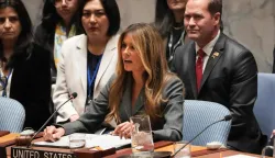 US First Lady Melania Trump chairs a meeting of the United Nations Security Council at UN Headquarters in New York on March 2, 2026. (Photo by TIMOTHY A. CLARY/AFP)