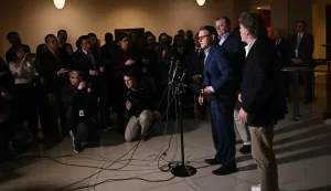 US Speaker of the House Mike Johnson speaks to the press after US Secretary of State Marco Rubio briefed House and Senate leaders on US military action in Iran, at the US Capitol in Washington, DC, on March 2, 2026. The United States hit hundreds of targets across Iran, and Israel expanded its bombing to Lebanon on Monday as President Donald Trump vowed to avenge the first US deaths in the war he launched to topple Tehran's ruling clerics. Iranian forces fired missiles and drones across the Middle East, killing people in Israel and the United Arab Emirates, in retaliation for the conflict that began February 28 with the death of Iran's supreme leader, Ayatollah Ali Khamenei. (Photo by Brendan SMIALOWSKI/AFP)
