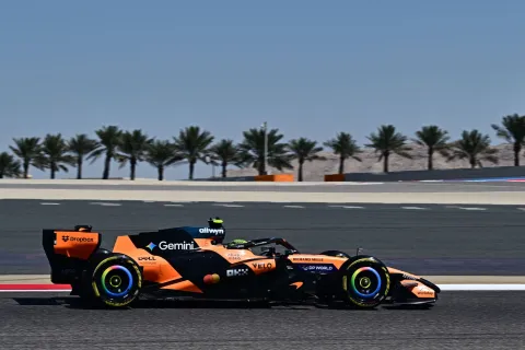 McLaren's British driver Lando Norris drives on the second day of the Formula One pre-season testing event at the Bahrain International Circuit in Sakhir on February 19, 2026. (Photo by Giuseppe CACACE/AFP)