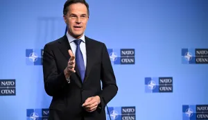 NATO Secretary General Mark Rutte speaks during a joint press conference with Ukraine's Defence Minister on the sidelines of a defence ministers meeting of The North Atlantic Treaty Organisation (NATO) at NATO Headquarters in Brussels, on February 12, 2026. (Photo by JOHN THYS/AFP)