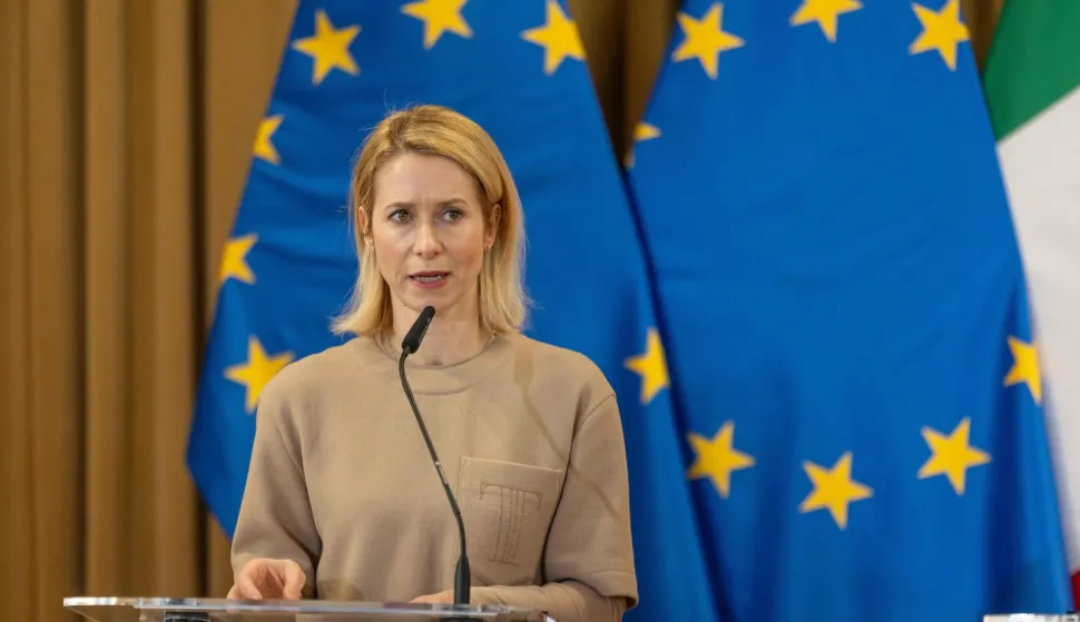 European Union High Representative for Foreign Affairs and Security Policy Kaja Kallas speaks during a press conference after a meeting with defence ministers of the European Group of Five (GoF) at the Collegium Maius - the Jagiellonian University's oldest building - in Krakow, Poland, on February 20, 2026. (Photo by Wojtek RADWANSKI/AFP)