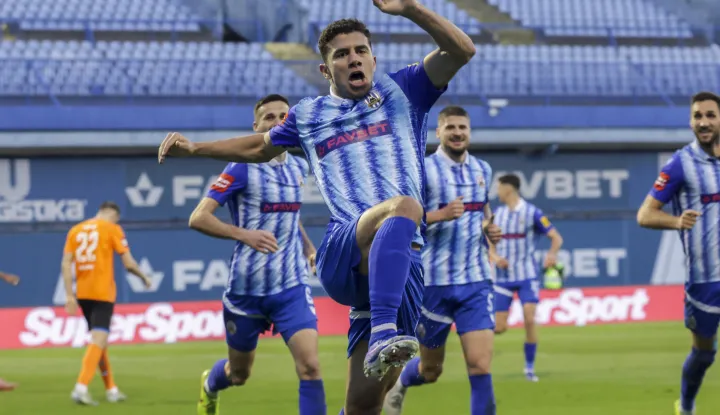 Zagreb, 07.03.2026 - Susret 25. kola HNL-a NK Lokomotiva - NK Varaždin. Na fotografiji Antonio Bor&scaron;ić slavi zgoditak za vodstvo NK Lokomotiva od 1-0.foto HINA/ Admir BULJUBA&Scaron;IĆ/ abu