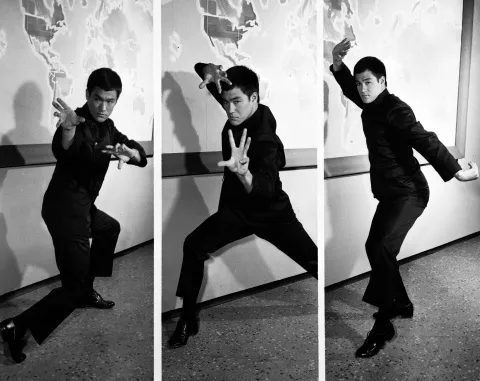3 Bruce Lee poses B&W THE GREEN HORNET - Cast Gallery - Shoot Date: September 6, 1966. (Photo by ABC Photo Archives/Disney General Entertainment Content via Getty Images)BRUCE LEE