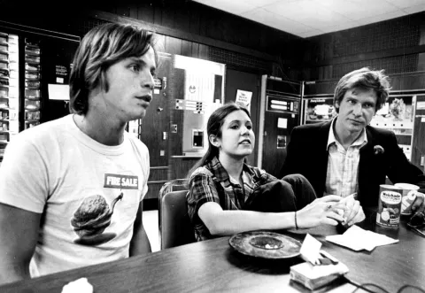 JUN 15 1977 - 'Star Wars' has Given three Performers that All-Important Break. Featured in the popular science fantasy movie are, from left, Mark Hamill, Carrie Fisher and Harrison Ford. The three were in Denver for a press tour. (Photo By Steve Larson/The Denver Post via Getty Images)