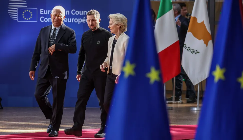 epa11944377 (L-R) EU Council President Antonio Costa, Ukraine's President Volodymyr Zelensky and European Commission President Ursula von der Leyen arrive for an European Special Council meeting in Brussels, Belgium, 06 March 2025. The EU leaders are convening for a special summit to discuss ongoing support for Ukraine and enhance European defence. EPA/CHRISTOPHE PETIT TESSON