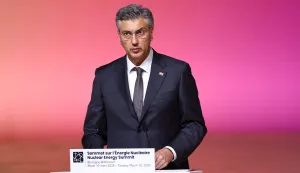 Croatia's Prime Minister Andrej Plenkovic delivers a speech during the Nuclear Energy Summit at the Seine Musicale venue in Boulogne-Billancourt, outside Paris, on March 10, 2026. (Photo by Abdul Saboor/POOL/AFP)